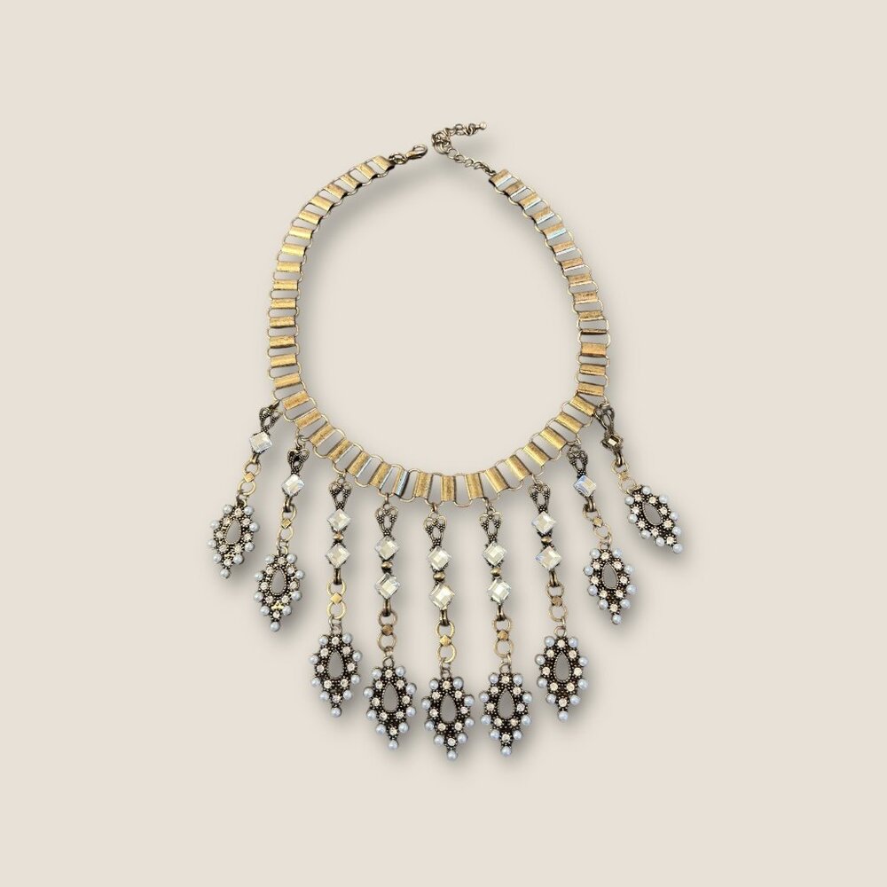 Vintage Gold-Tone Statement Necklace  Dangle Rhinestone Faux Pearls  Adjustable